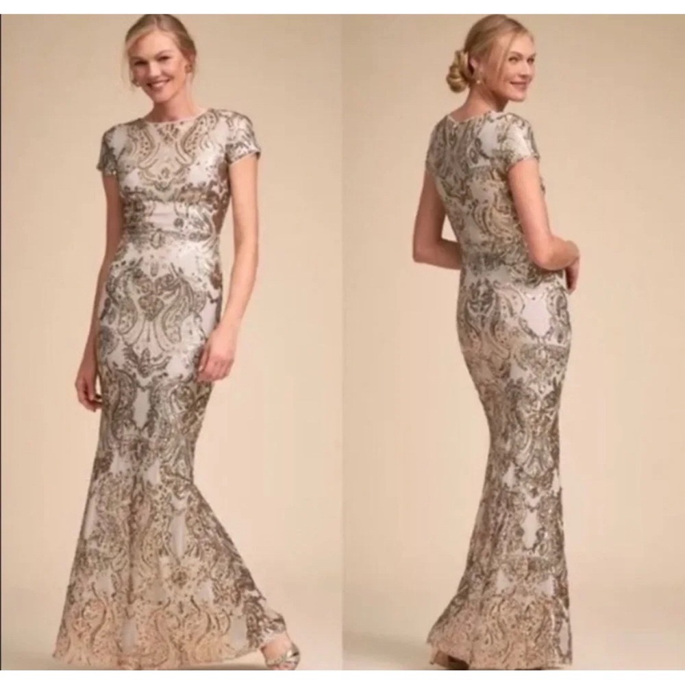 BHLDN Gold Sequin Paisley Mermaid Gown Grey Short Sleeve Formal Dress Size 6